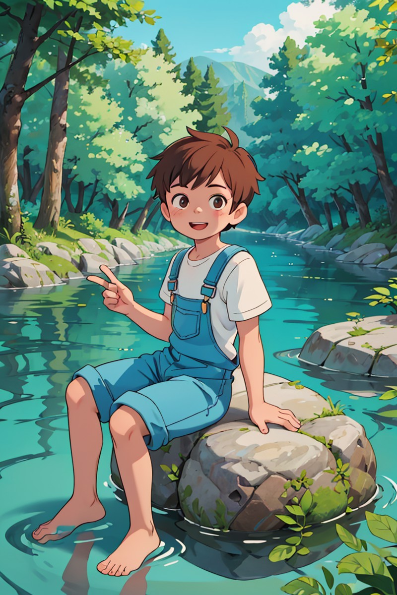 masterpiece,best quality, overalls, white shirt, (1boy:1.2), (sitting on rock:1.2), barefoot,leaning back, two Feet in the...